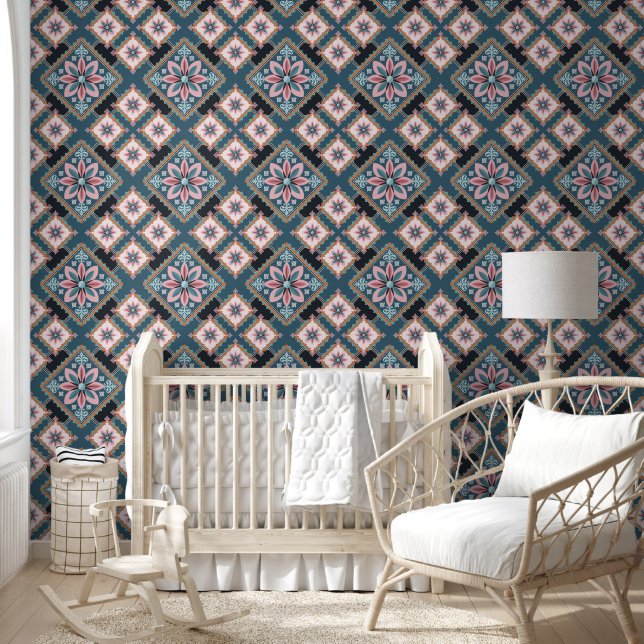 Modern Vintage Geometric Floral Flower Pattern Wallpaper (Kids)