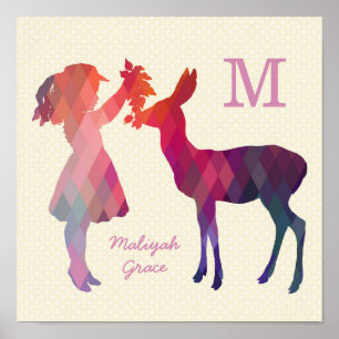 Modern Vintage Girl and Deer Nursery Wall Print