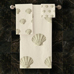 Modern Vintage Gold Brown Shells on Beige Cream Bath Towel Set