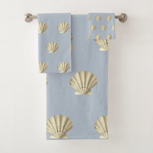 Modern Vintage Gold Brown Shells on Soft Blue Bath Towel Set