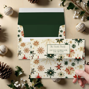 Modern Vintage Gold & Green Christmas Snowflakes  Envelope