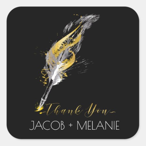 Modern Vintage Gold Grey Feather Pen Thank You Square Sticker