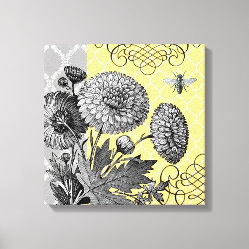 Modern Vintage graphic floral stretched canvas