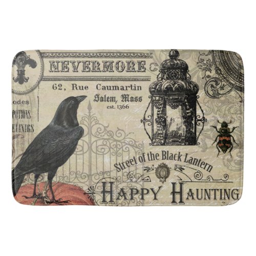 modern vintage Halloween crow and pumpkin Bath Mat