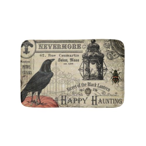 modern vintage Halloween crow and pumpkin Bathroom Mat