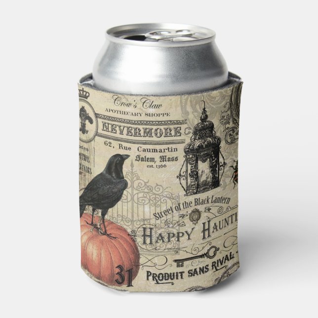 modern vintage Halloween crow and pumpkin Can Cooler (Can Front)
