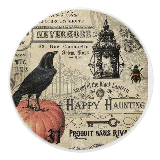 modern vintage Halloween crow and pumpkin Ceramic Knob (Front)