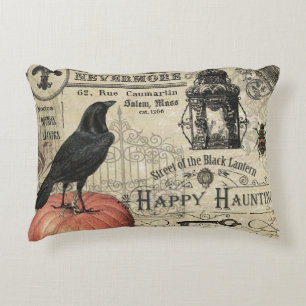 MODERN VINTAGE HALLOWEEN CROW AND PUMPKIN DECORATIVE PILLOW
