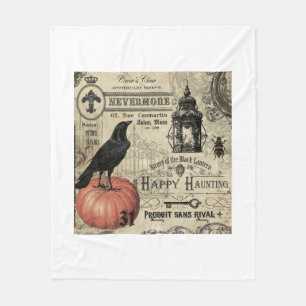 MODERN VINTAGE HALLOWEEN CROW AND PUMPKIN FLEECE BLANKET