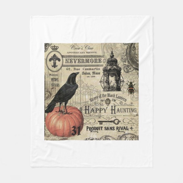MODERN VINTAGE HALLOWEEN CROW AND PUMPKIN FLEECE BLANKET (Front)