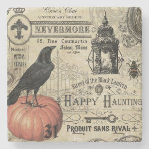 modern vintage Halloween crow and pumpkin Stone Coaster