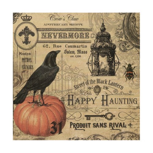 modern vintage Halloween crow and pumpkin Wood Wall Art