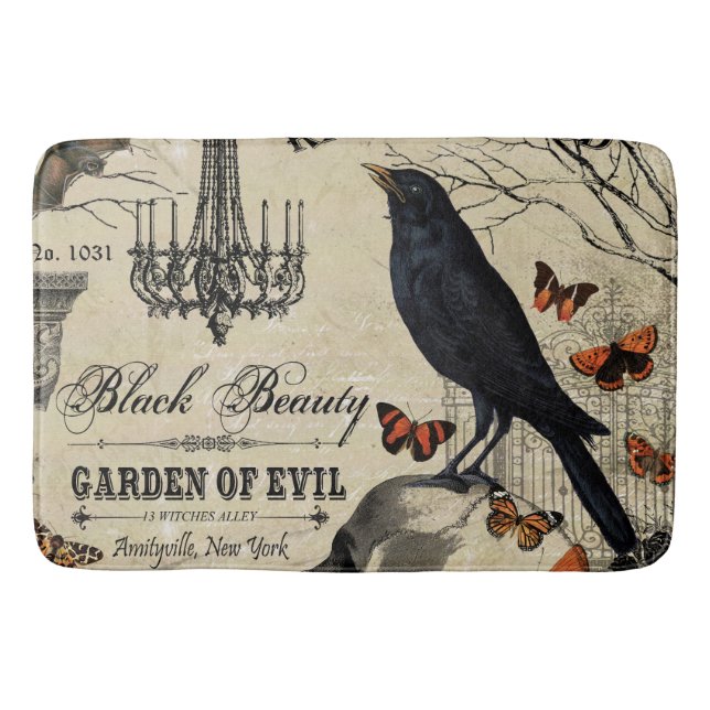 modern vintage halloween crow and skull bathroom mat (Front)
