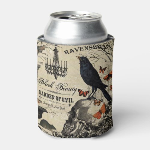 modern vintage halloween crow and skull can cooler