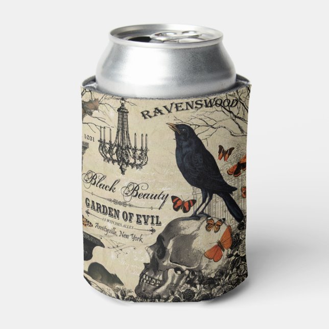 modern vintage halloween crow and skull can cooler (Can Front)