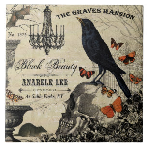 modern vintage halloween crow and skull ceramic tile