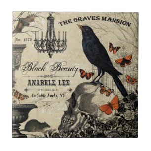 modern vintage halloween crow and skull ceramic tile