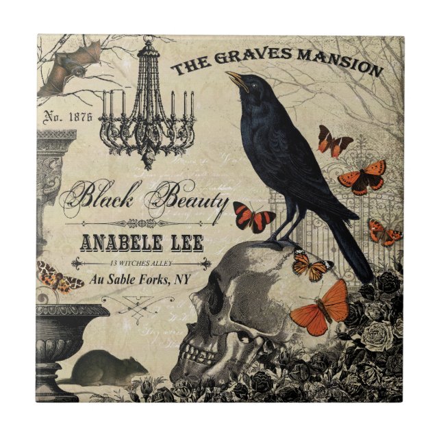 modern vintage halloween crow and skull ceramic tile (Front)