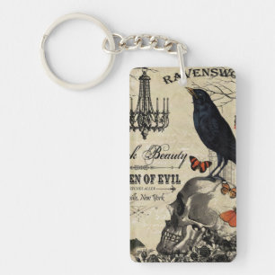 modern vintage halloween crow and skull keychain