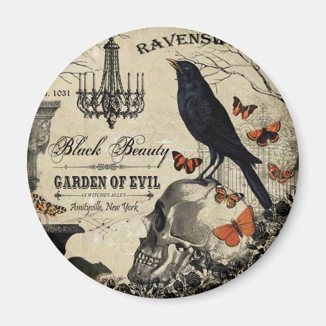 modern vintage halloween crow and skull magnet (Front)