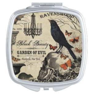 modern vintage halloween crow and skull makeup mirror