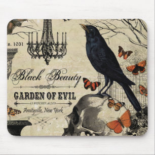 modern vintage halloween crow and skull mouse pad