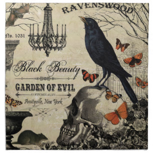 modern vintage halloween crow and skull napkin
