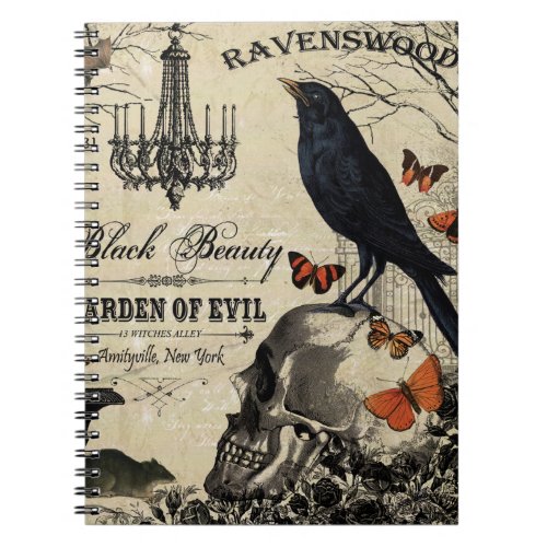 modern vintage halloween crow and skull notebook