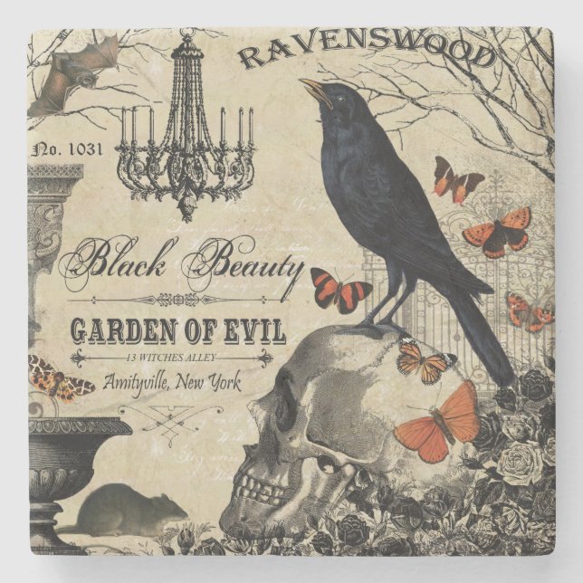 modern vintage halloween crow and skull stone coaster (Front)