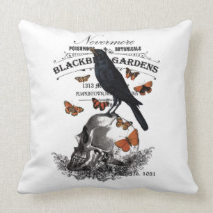 modern vintage halloween crow and skull throw pillow