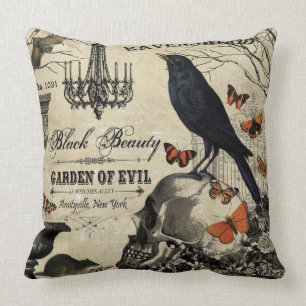 modern vintage halloween crow and skull throw pillow