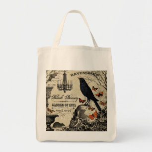 modern vintage halloween crow and skull tote bag