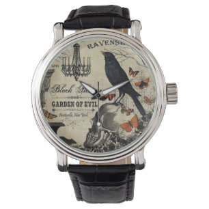 modern vintage halloween crow and skull watch