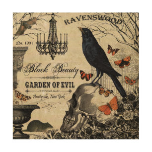 modern vintage halloween crow and skull wood wall art