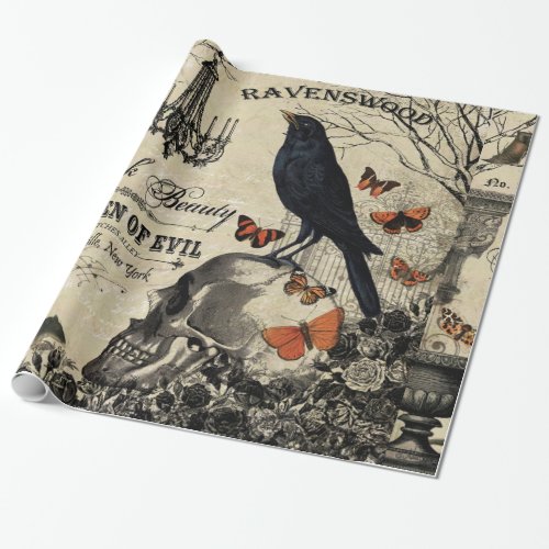 modern vintage halloween crow and skull wrapping paper