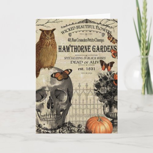 Modern vintage Halloween owl and skull Card