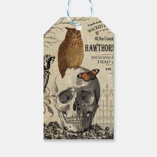 Modern vintage Halloween owl and skull Gift Tags