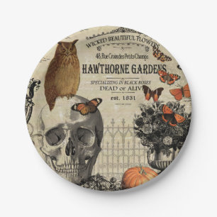 Modern vintage Halloween owl and skull Paper Plates