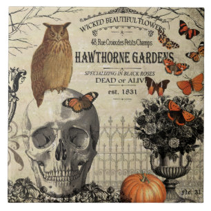 Modern vintage Halloween owl and skull Tile