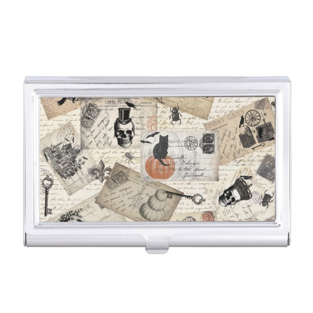 Modern vintage Halloween postcards Business Card Case (Front)