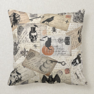 Modern vintage Halloween postcards Throw Pillow