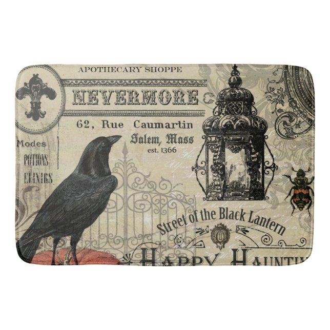 Modern Vintage Halloween pumpkin and crow Bath Mat (Front)