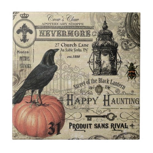 Modern Vintage Halloween pumpkin and crow Ceramic Tile