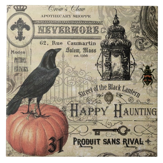 Modern Vintage Halloween pumpkin and crow Ceramic Tile (Front)