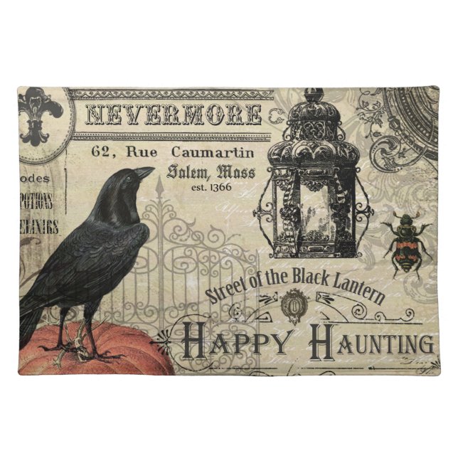 modern vintage halloween pumpkin and crow cloth placemat (Front)