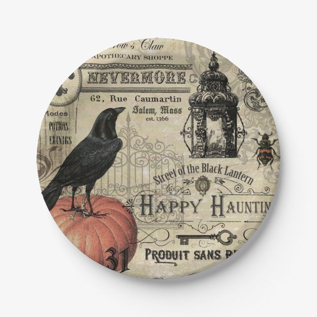 Modern Vintage Halloween pumpkin and crow Paper Plates (Front)