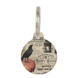 modern vintage halloween pumpkin and crow pet ID tag