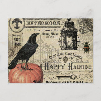 modern vintage halloween pumpkin and crow postcard
