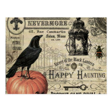 modern vintage halloween pumpkin and crow postcard