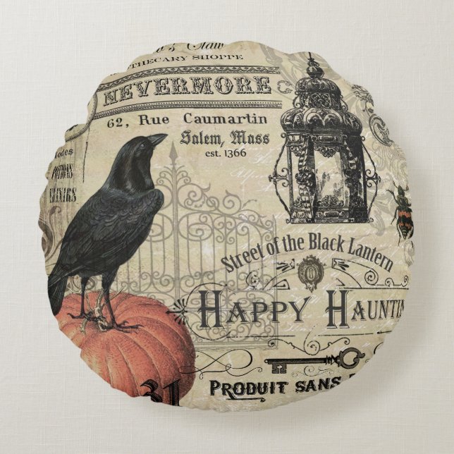 Modern Vintage Halloween pumpkin and crow Round Pillow (Front)